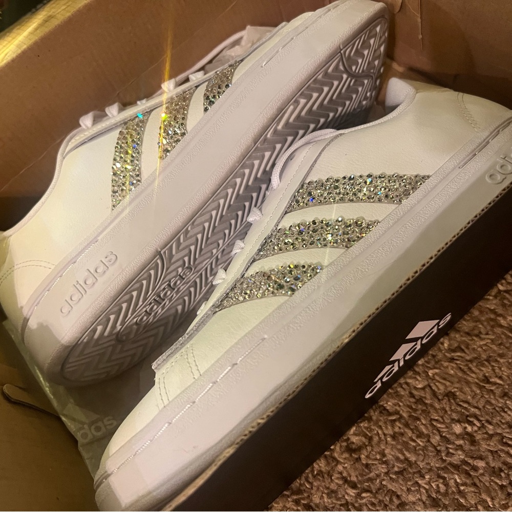 NEW in box - white Adidas size 9 - hand bedazzled with crystals